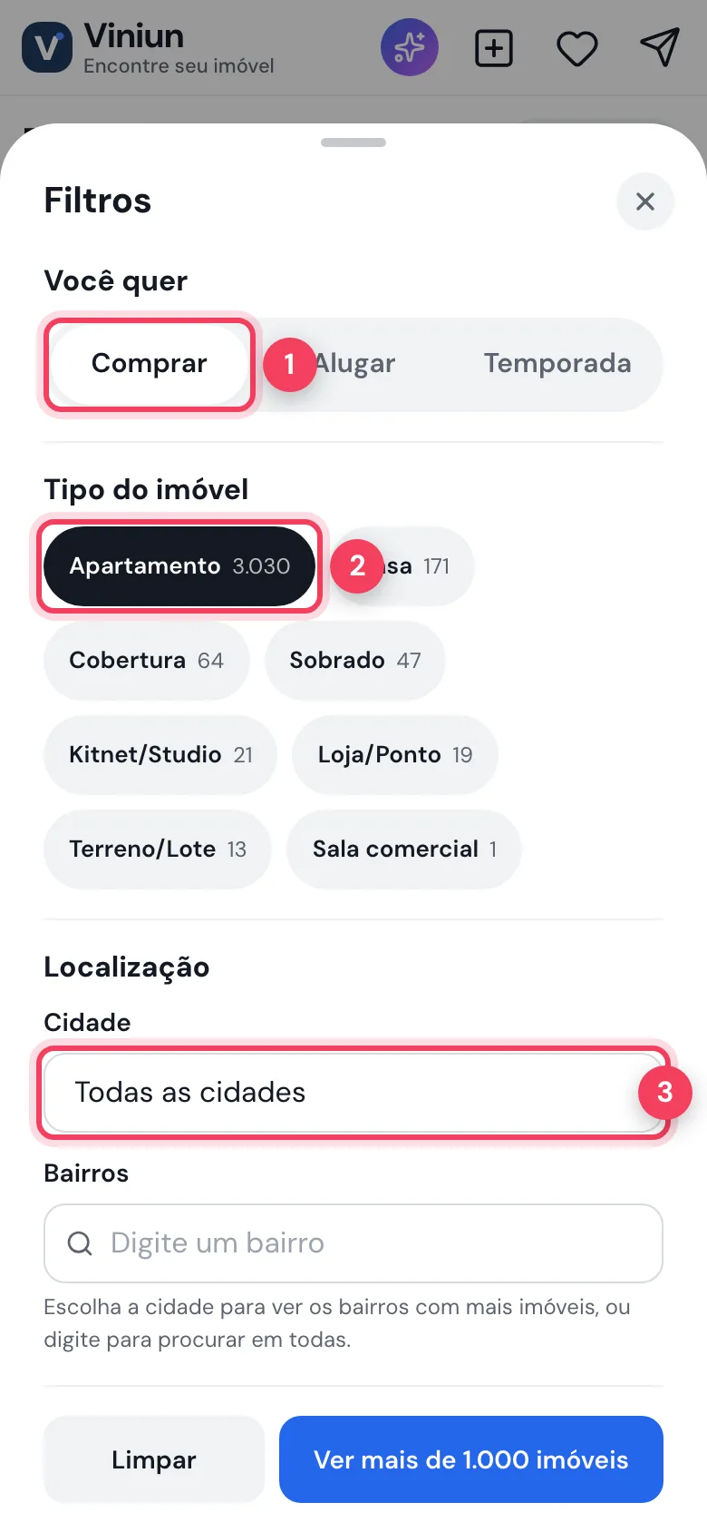 Folha de filtros com Comprar, tipo Apartamento e a escolha da cidade