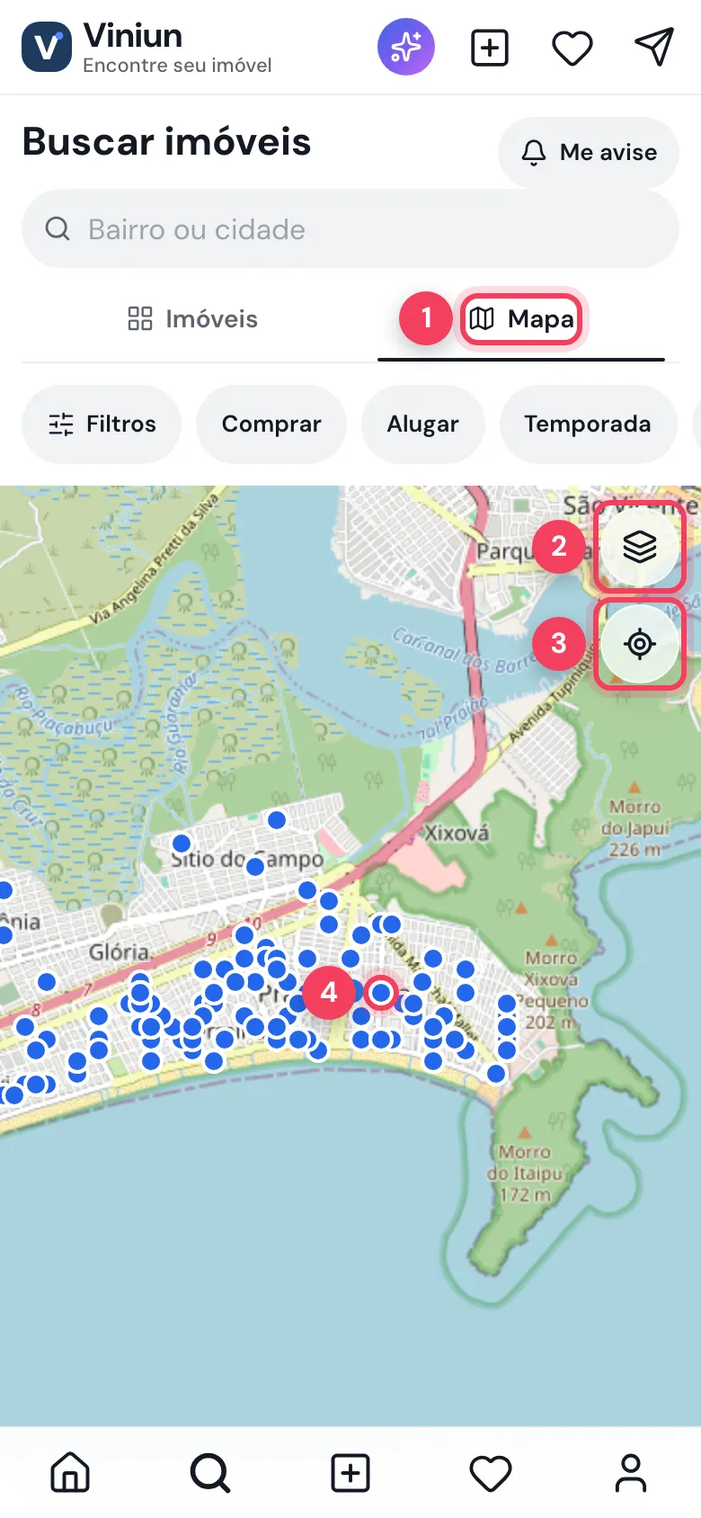 Aba Mapa com os pontos dos imóveis em Praia Grande e os botões de satélite e Perto de mim