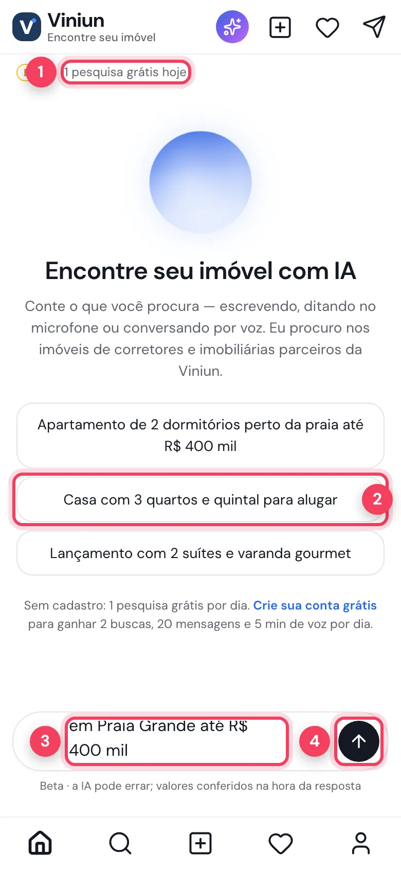 Tela Encontre seu imóvel com IA com a pergunta digitada e o botão de enviar