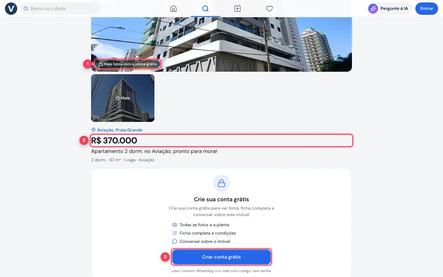 Página do imóvel no computador com o preço e o botão Criar conta grátis