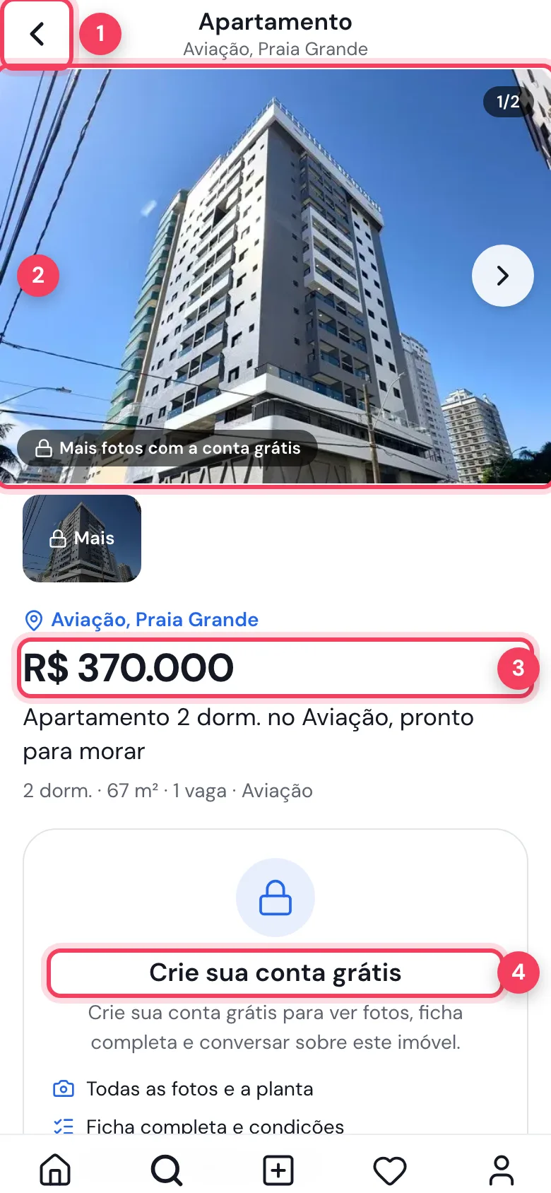 Página do imóvel sem conta com a foto, o preço e o convite Crie sua conta grátis