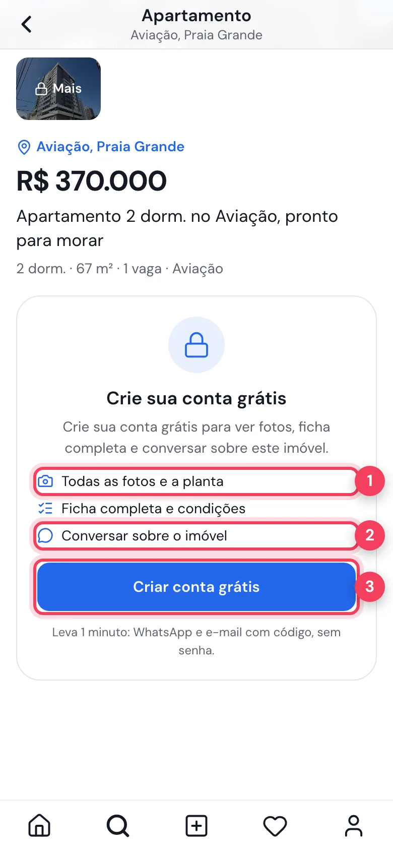 Lista do que a conta grátis libera e o botão Criar conta grátis