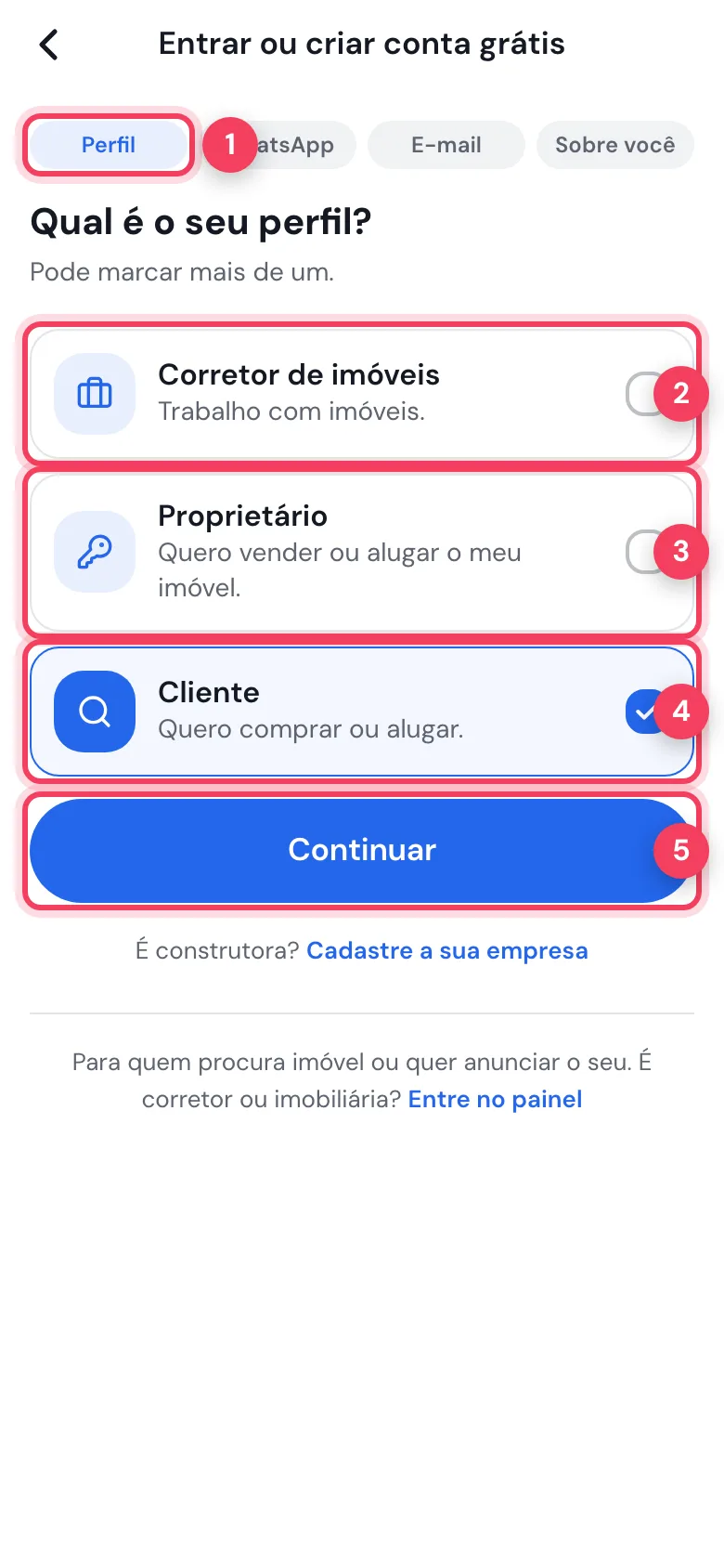 Tela Qual é o seu perfil com as opções Corretor de imóveis, Proprietário e Cliente