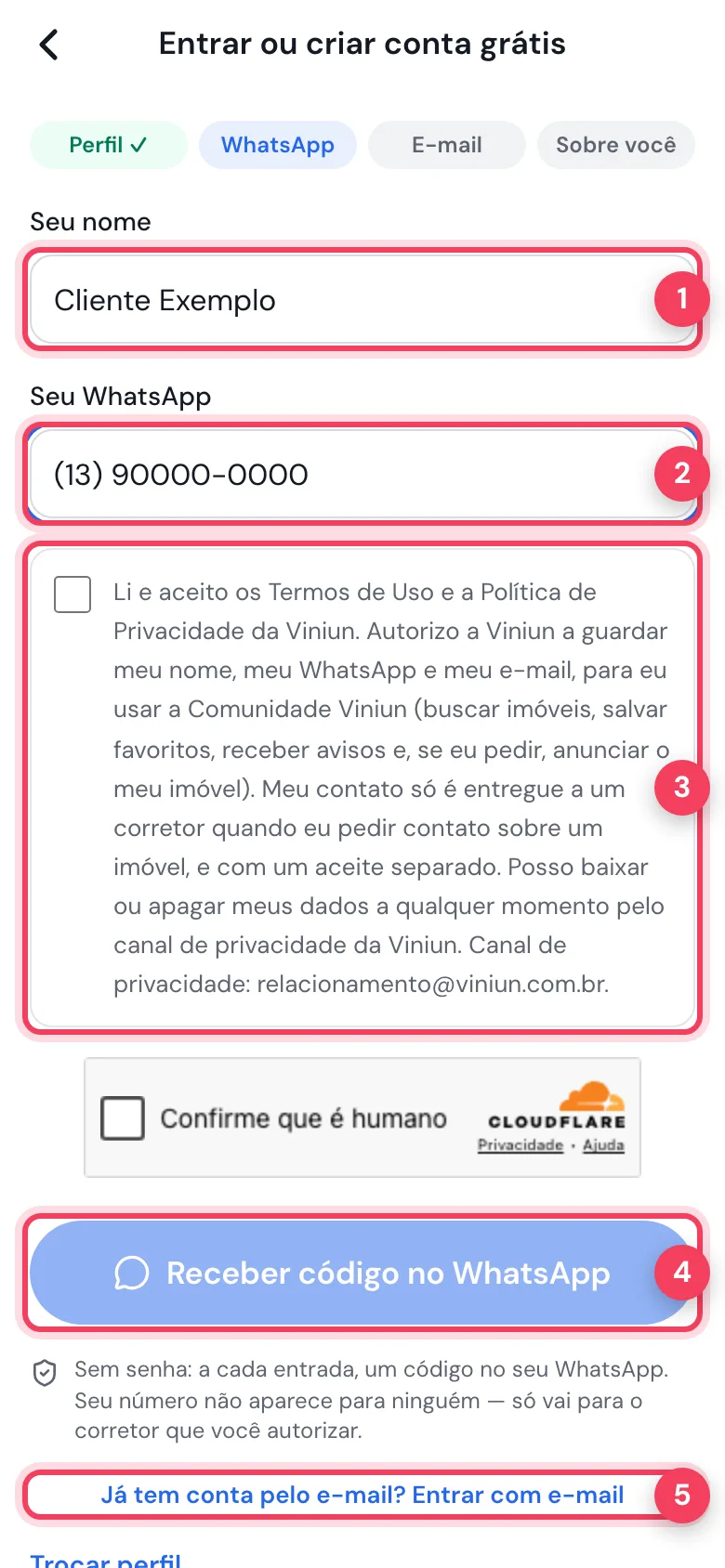 Formulário com nome, WhatsApp, aceite dos termos e o botão Receber código no WhatsApp