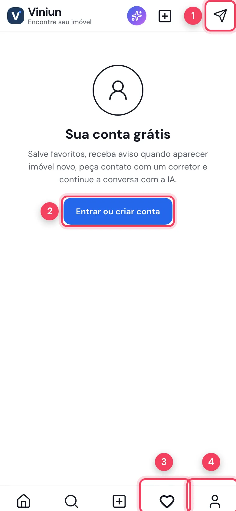 Tela Sua conta grátis com o botão Entrar ou criar conta e os atalhos da barra de baixo