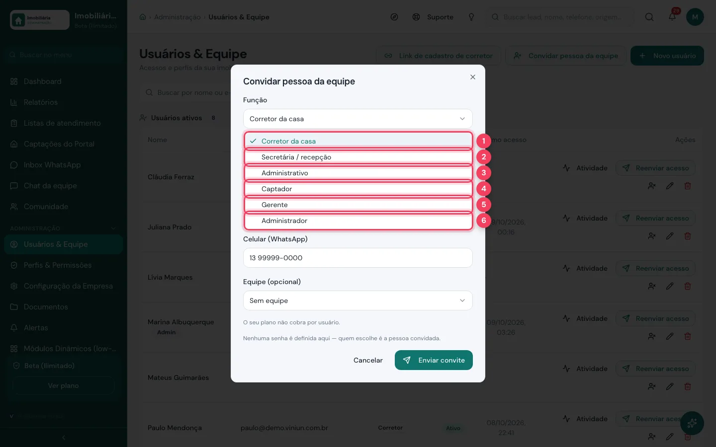 Lista de funções do convite: corretor da casa, secretária, administrativo, captador, gerente e administrador