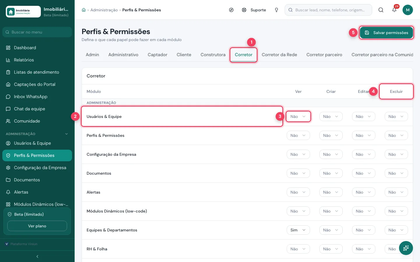Tela Perfis e Permissões na aba Corretor com a matriz Ver, Criar, Editar e Excluir