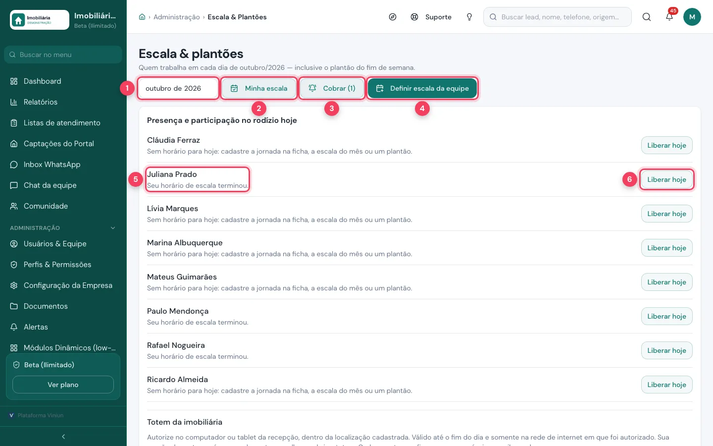 Tela Escala e plantões com o mês, Minha escala, Cobrar, Definir escala da equipe, uma pessoa e o botão Liberar hoje marcados