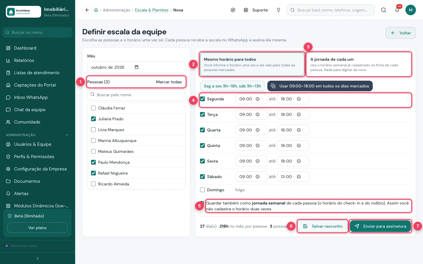 Formulário Definir escala da equipe com as pessoas, os dois modos de horário, o horário de segunda, a opção de guardar como jornada e os botões Salvar rascunho e Enviar para assinatura marcados