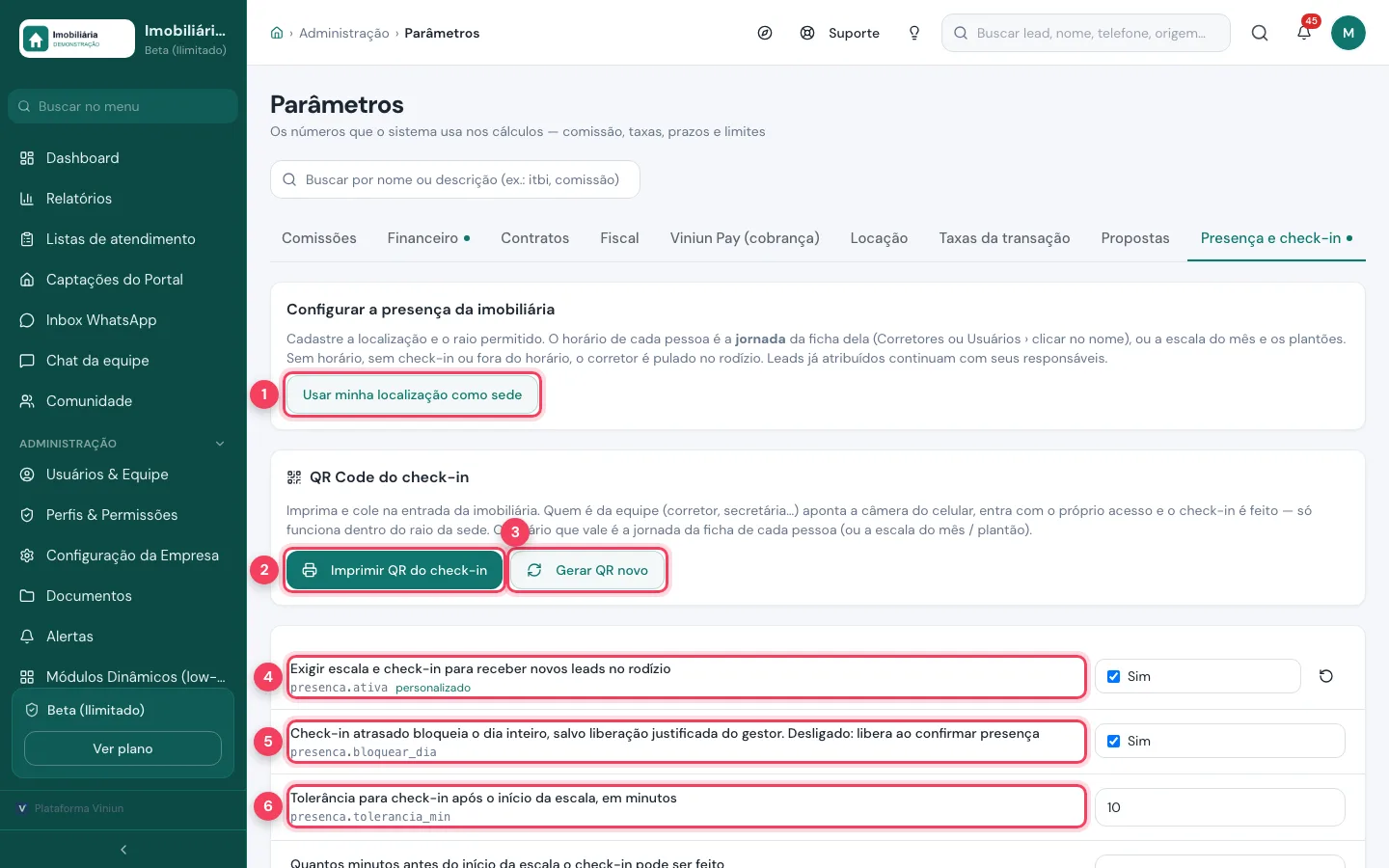 Parâmetros na aba Presença e check-in com Usar minha localização, Imprimir QR, Gerar QR novo e as regras de exigir check-in, bloqueio e tolerância marcados