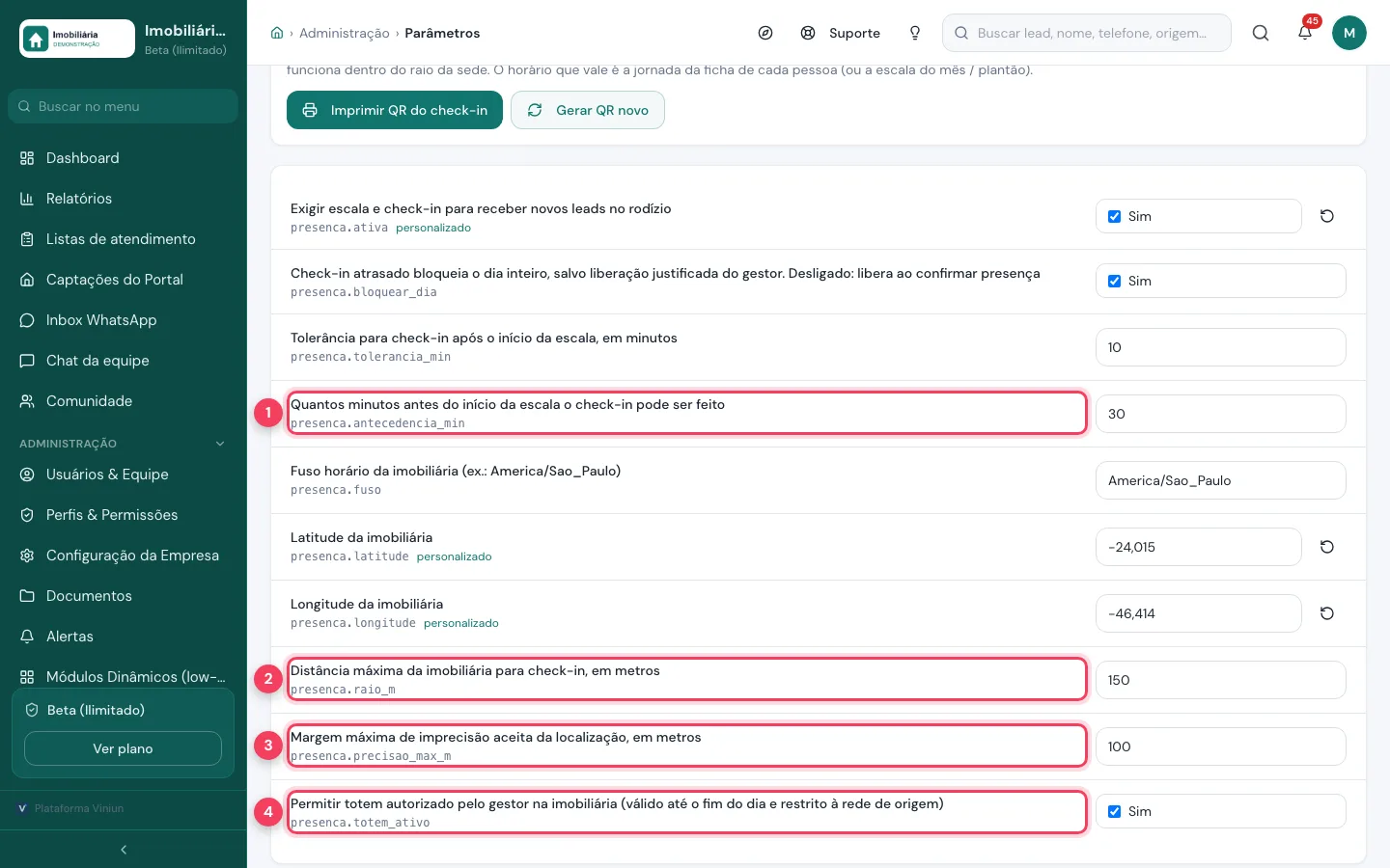 Parâmetros de antecedência do check-in, distância máxima, margem de imprecisão e totem autorizado marcados