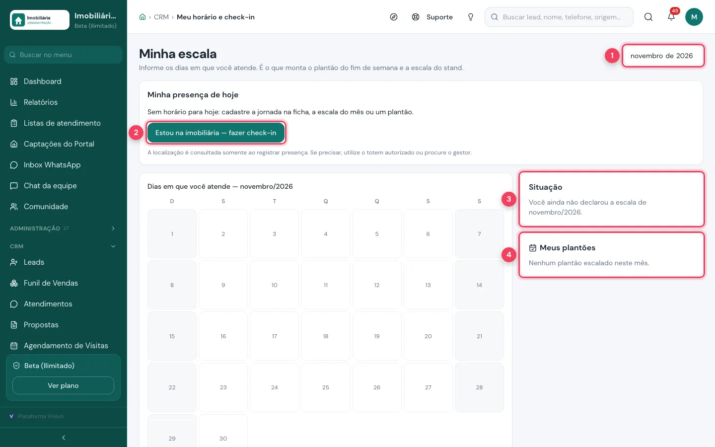 Tela Minha escala com o mês, o botão de check-in, a situação e os meus plantões marcados