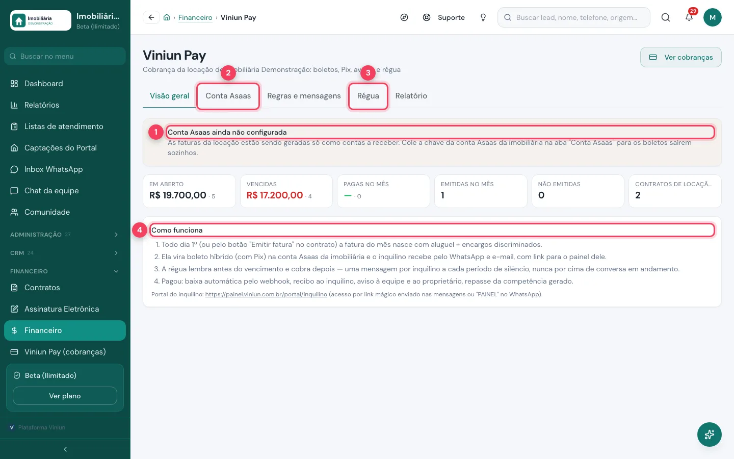 Visão geral do Viniun Pay com aviso de conta não configurada