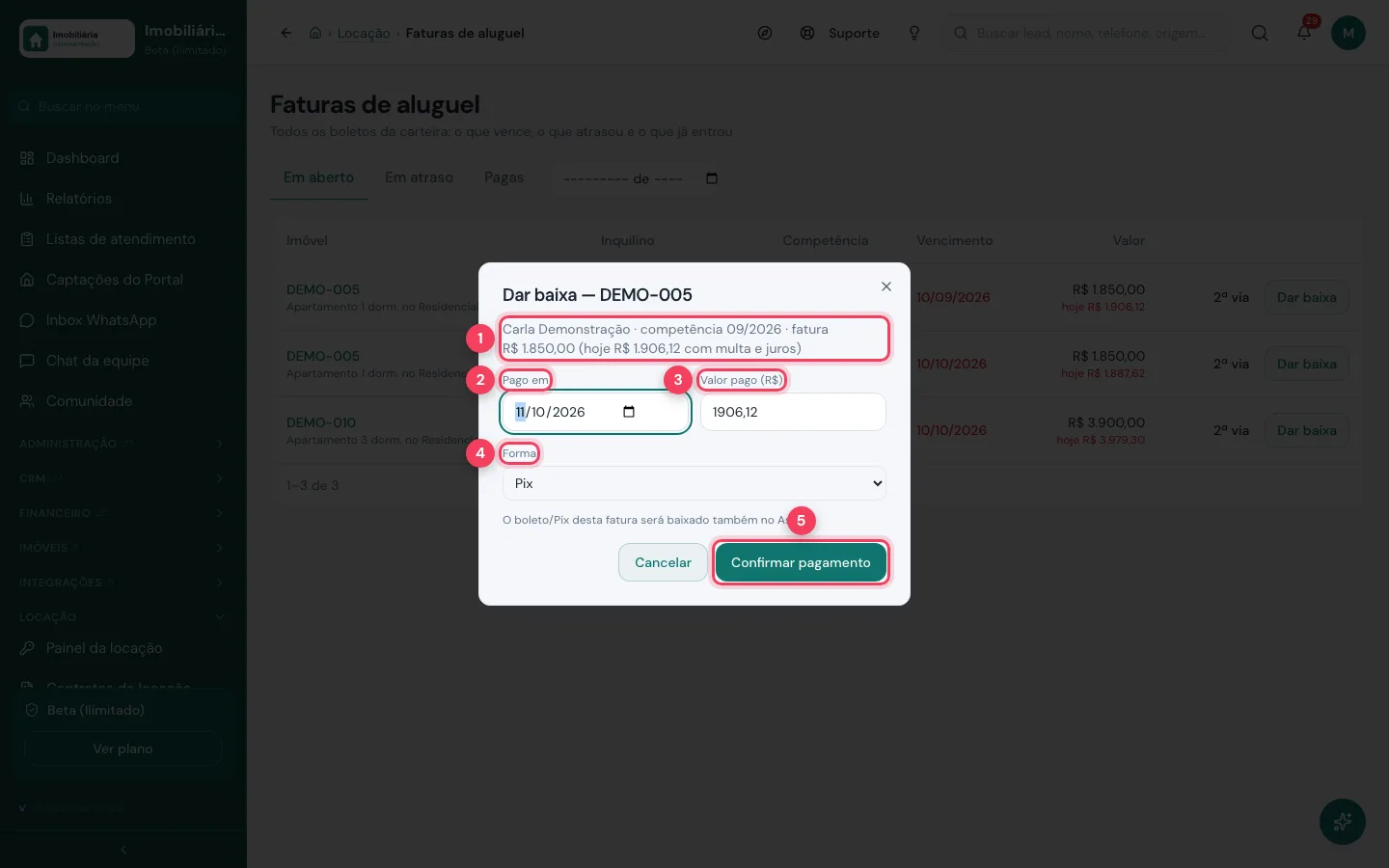 Janela Dar baixa com data, valor pago e forma de pagamento