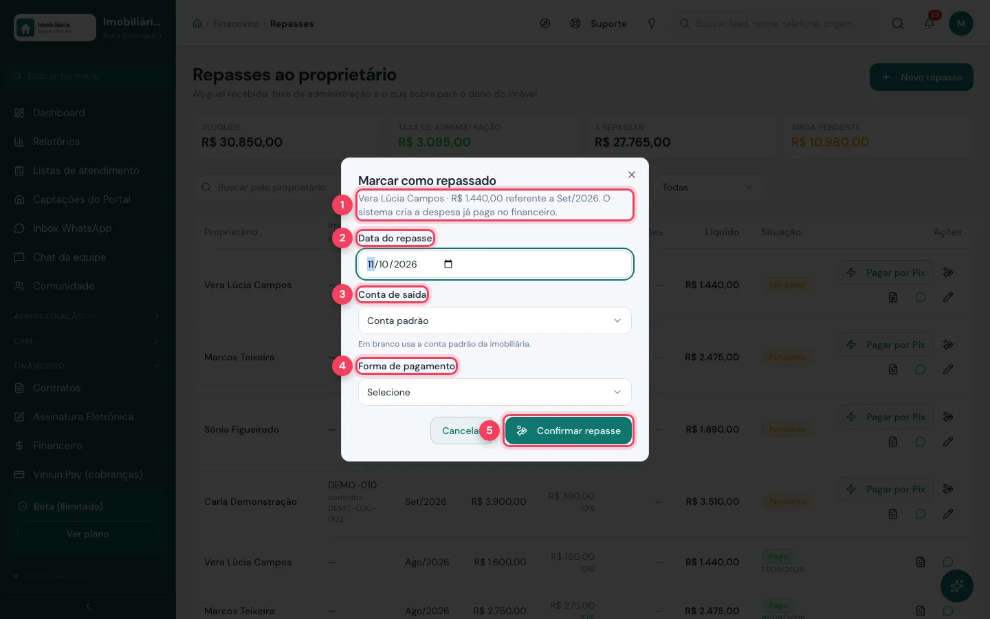Janela Marcar como repassado com data, conta de saída e forma de pagamento