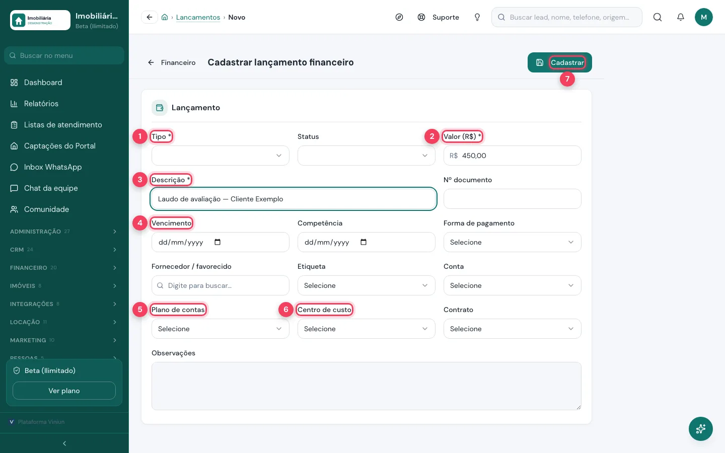 Formulário Cadastrar lançamento financeiro com valor e descrição de exemplo