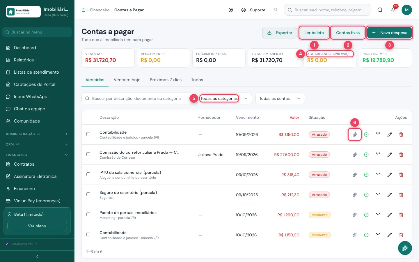 Contas a pagar com Ler boleto, Contas fixas, Nova despesa e aguardando aprovação