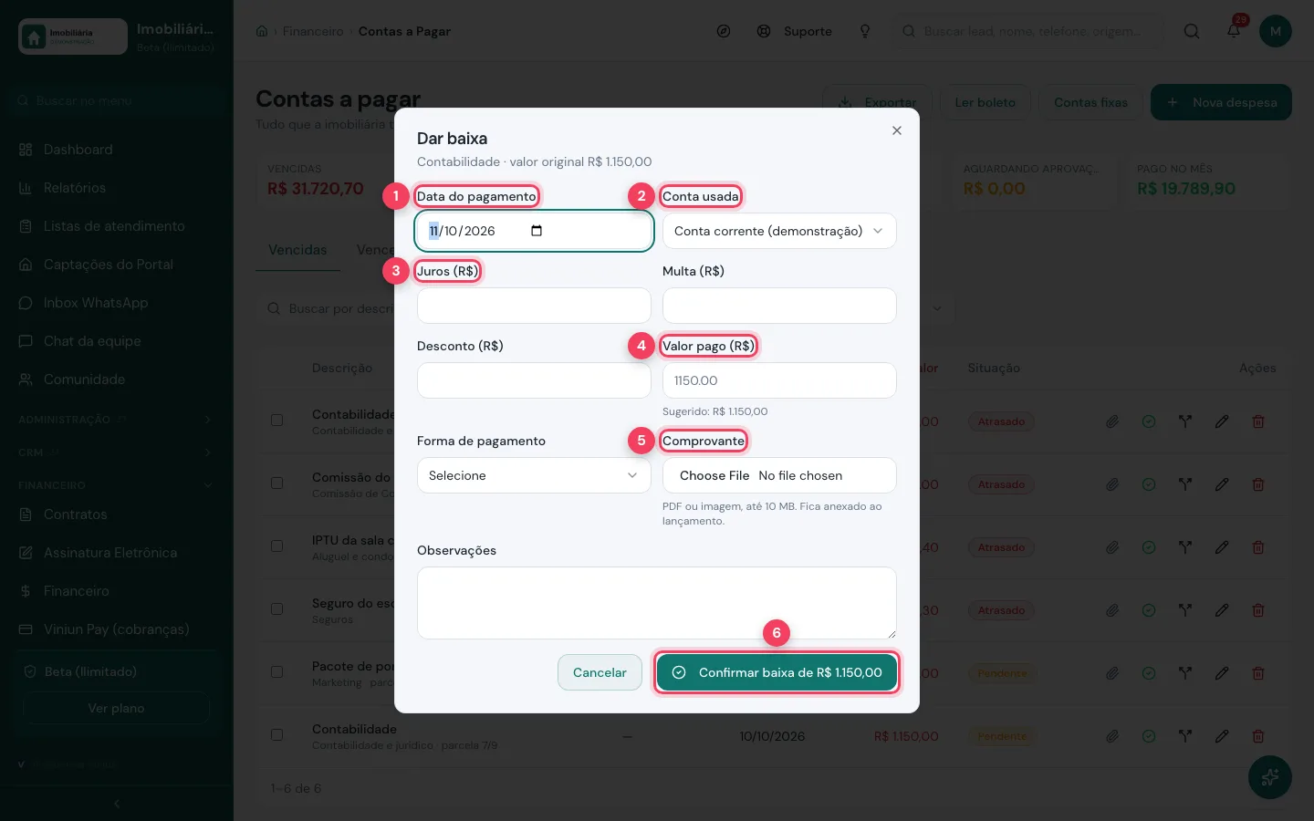 Janela Dar baixa com data, conta usada, juros, valor pago e comprovante