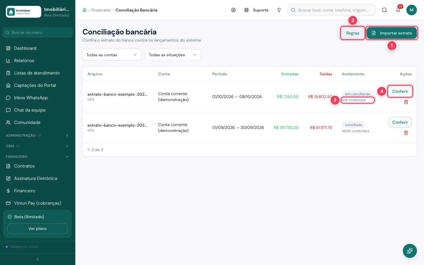 Conciliação bancária com extratos importados, andamento e botão Conferir