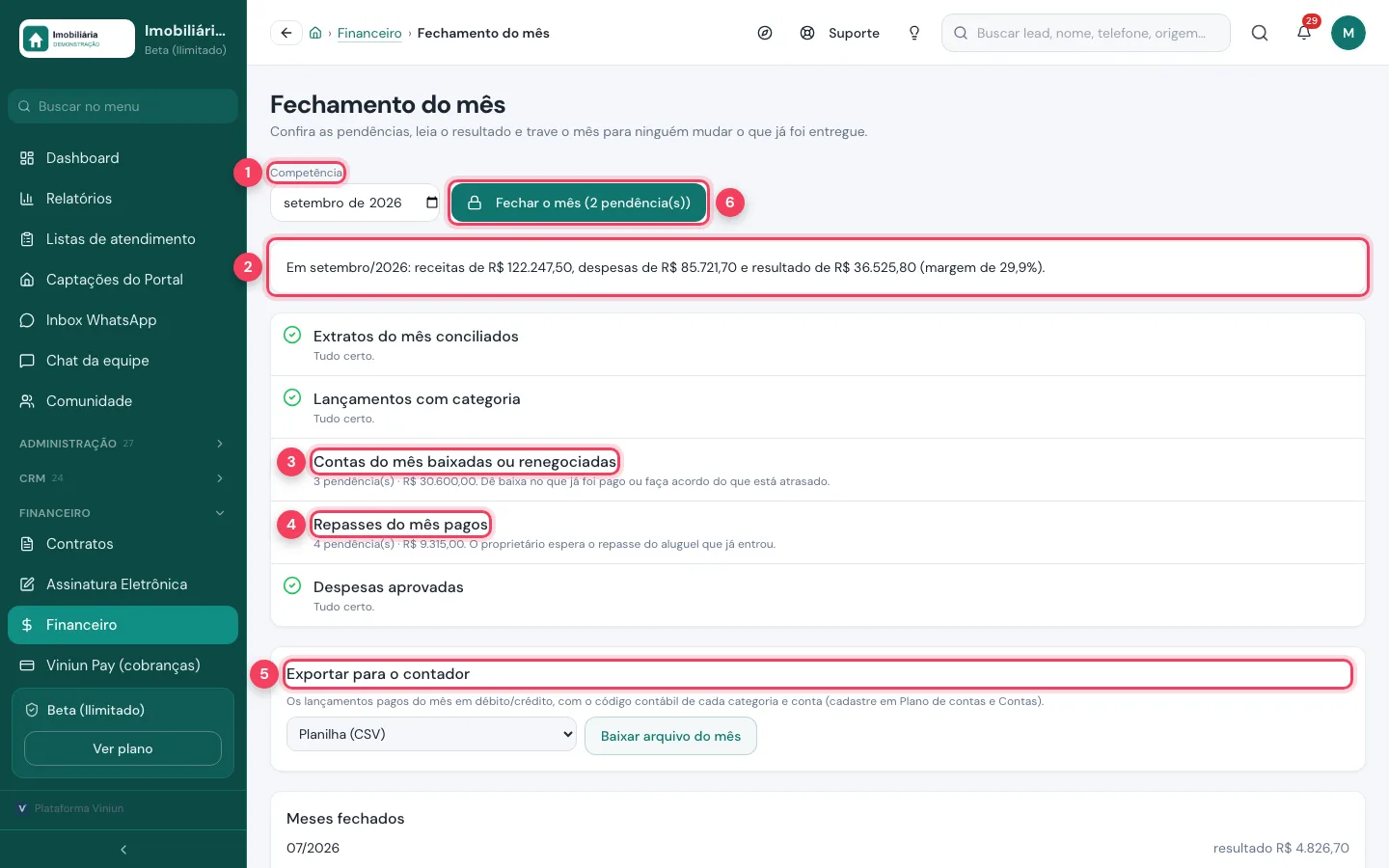 Fechamento do mês com resumo, pendências e exportação para o contador