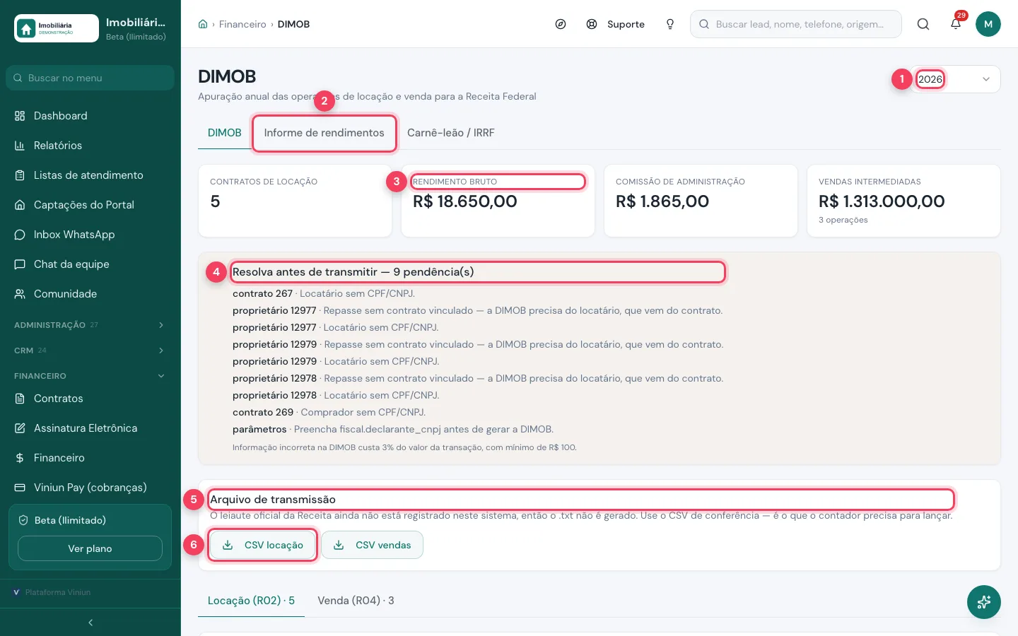 Tela DIMOB com totais do ano, pendências e CSV de conferência