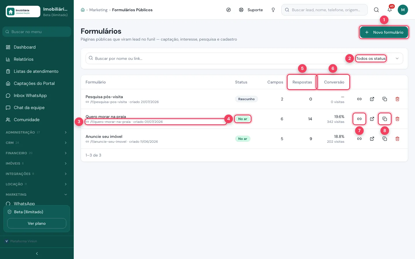 Lista de formulários públicos com link, status, respostas e conversão
