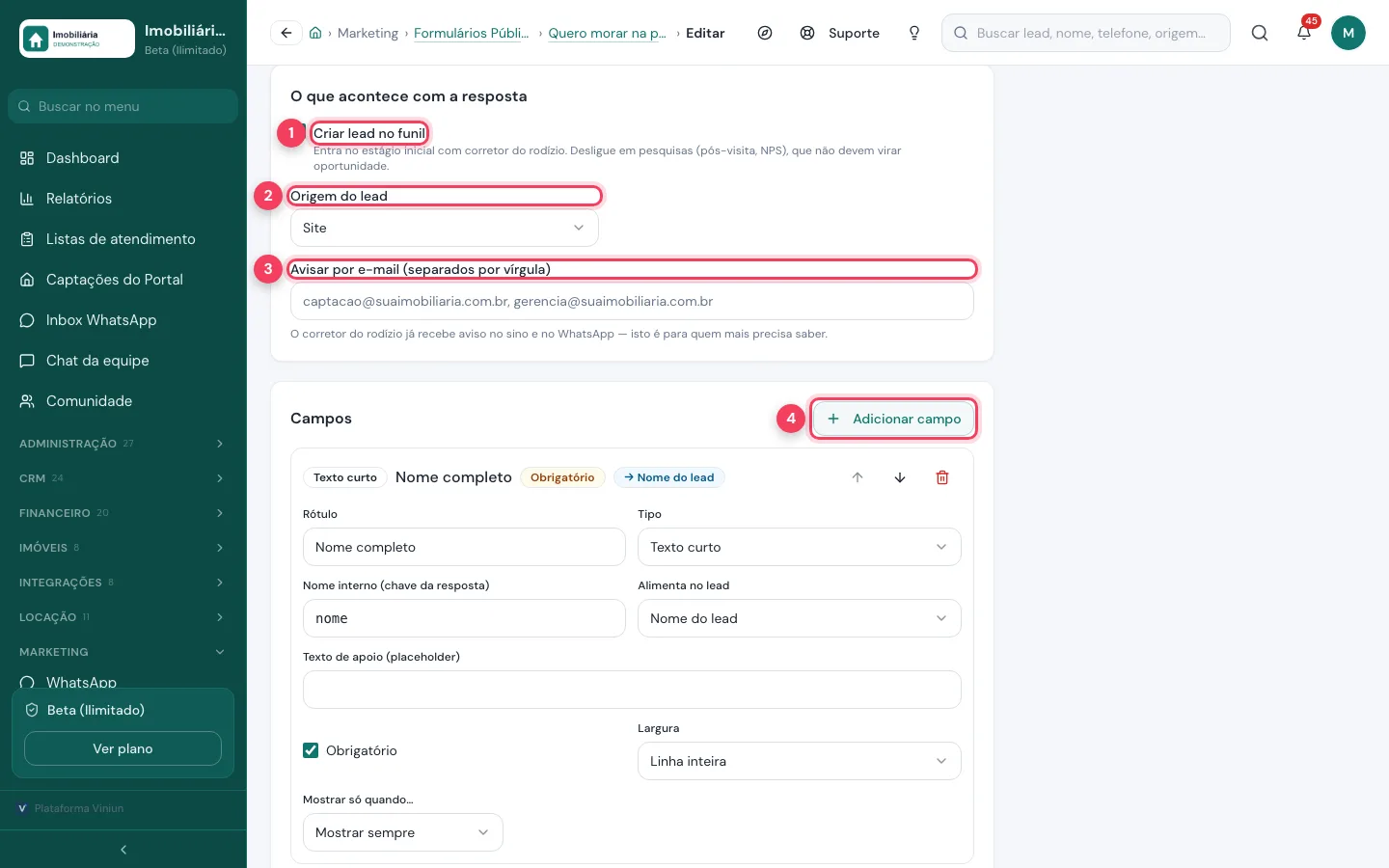 Seção O que acontece com a resposta com Criar lead no funil, origem, e-mails e Adicionar campo