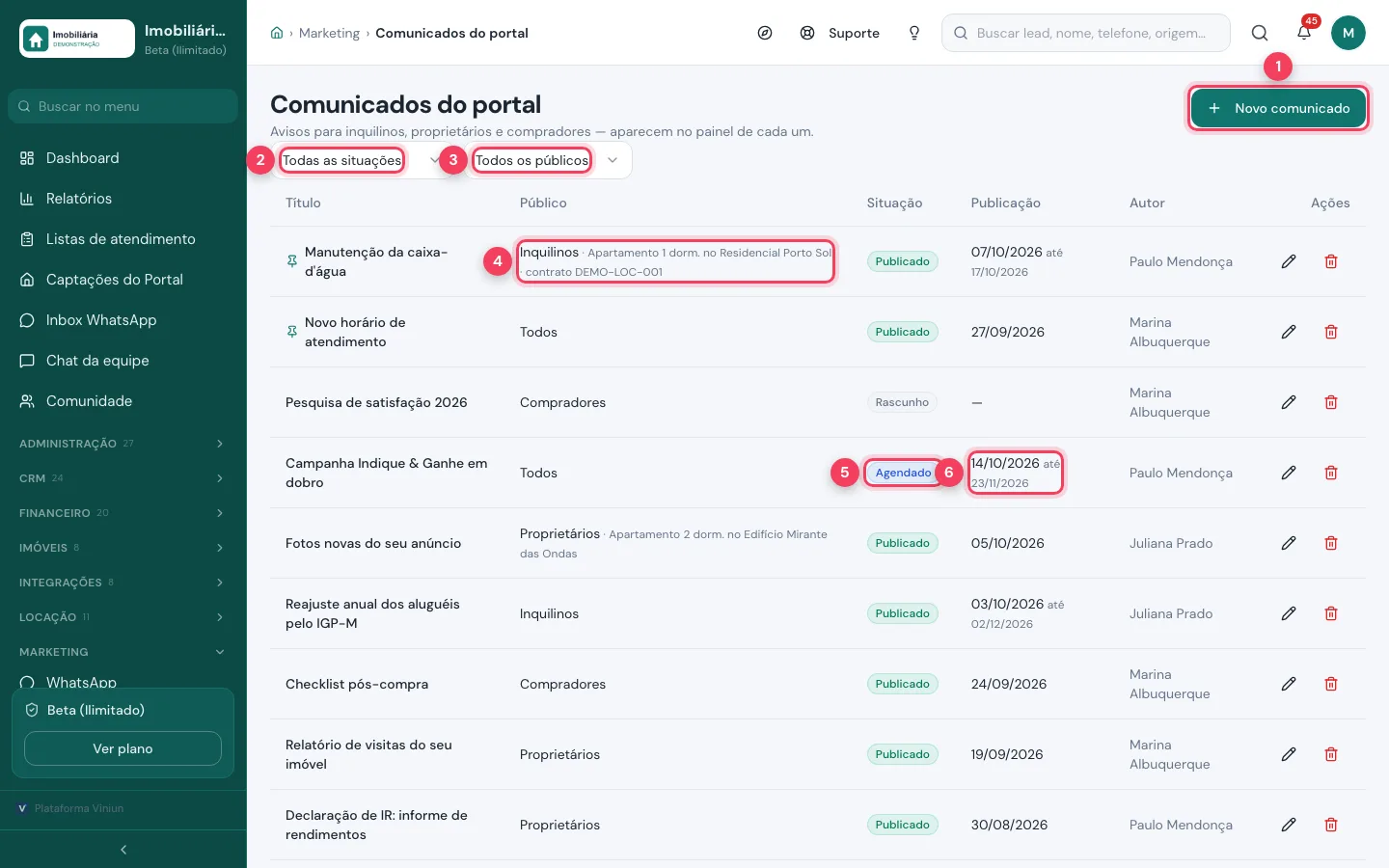 Lista de comunicados do portal com público, situação e período de publicação