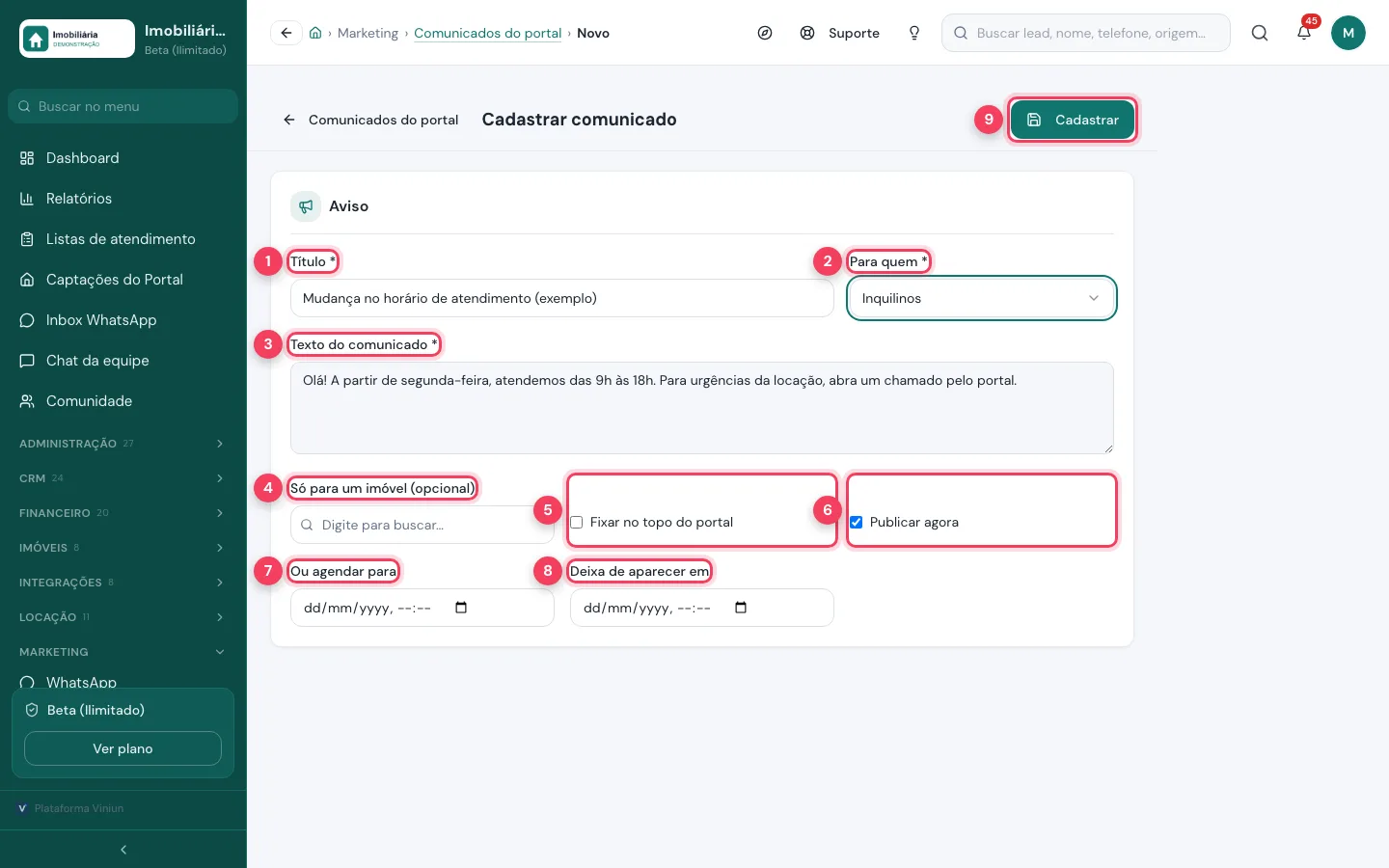 Formulário Cadastrar comunicado com título, para quem, texto, imóvel, fixar, publicar e datas