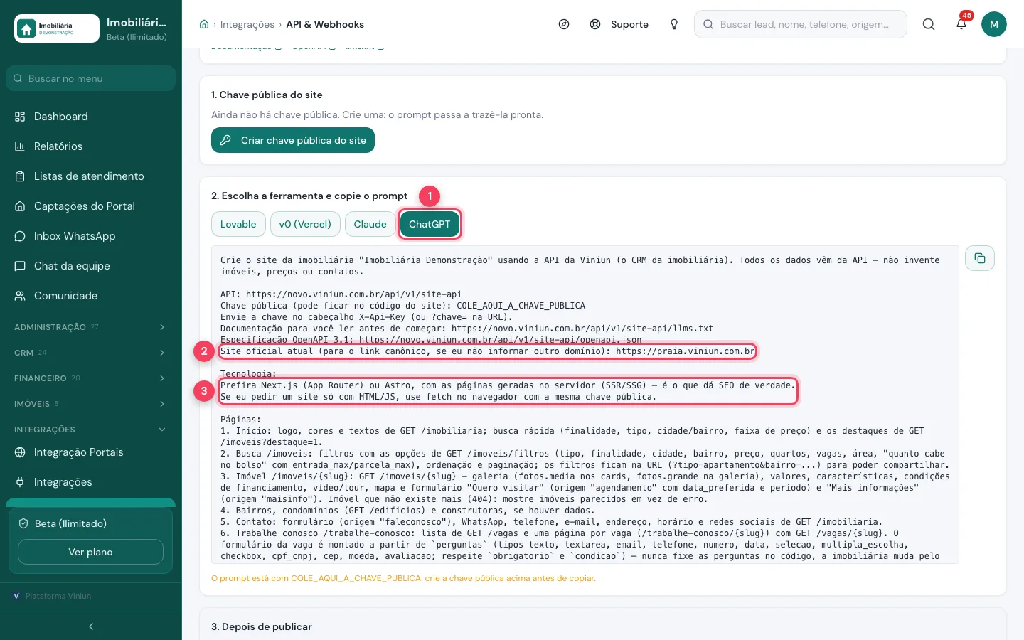 Prompt do ChatGPT na Viniun com a linha do site oficial e a parte de tecnologia marcadas