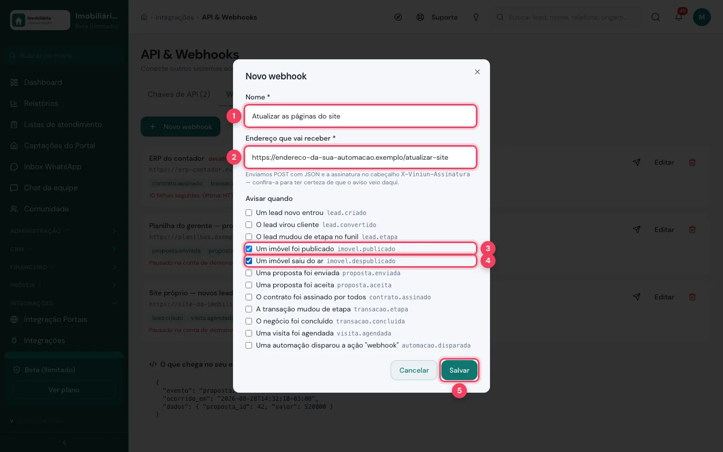 Janela Novo webhook na Viniun com os eventos de imóvel publicado e imóvel que saiu do ar marcados