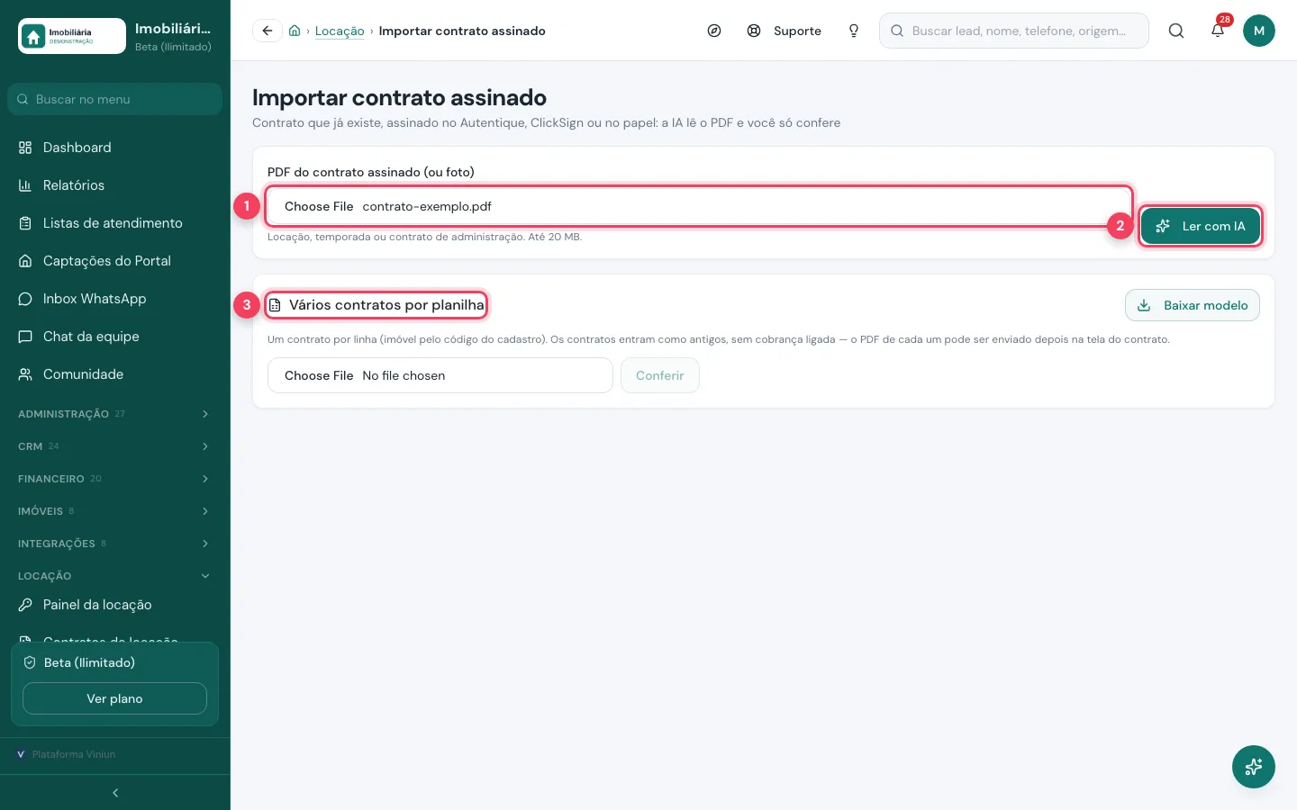 Tela Importar contrato assinado com o PDF escolhido e o botão Ler com IA