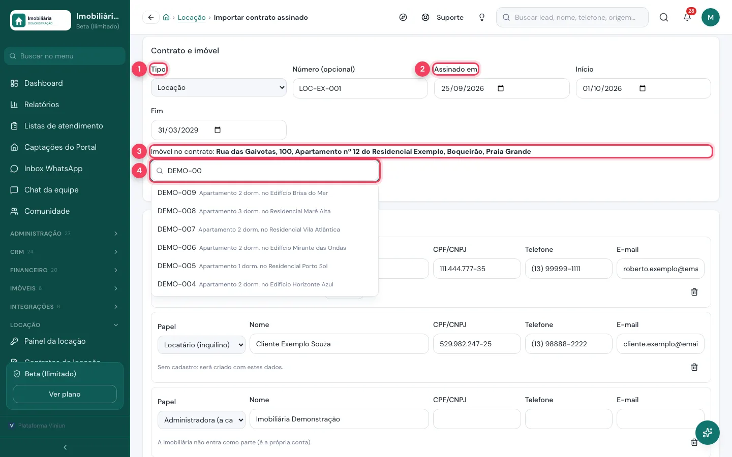 Bloco Contrato e imóvel com tipo, datas e busca do imóvel no cadastro