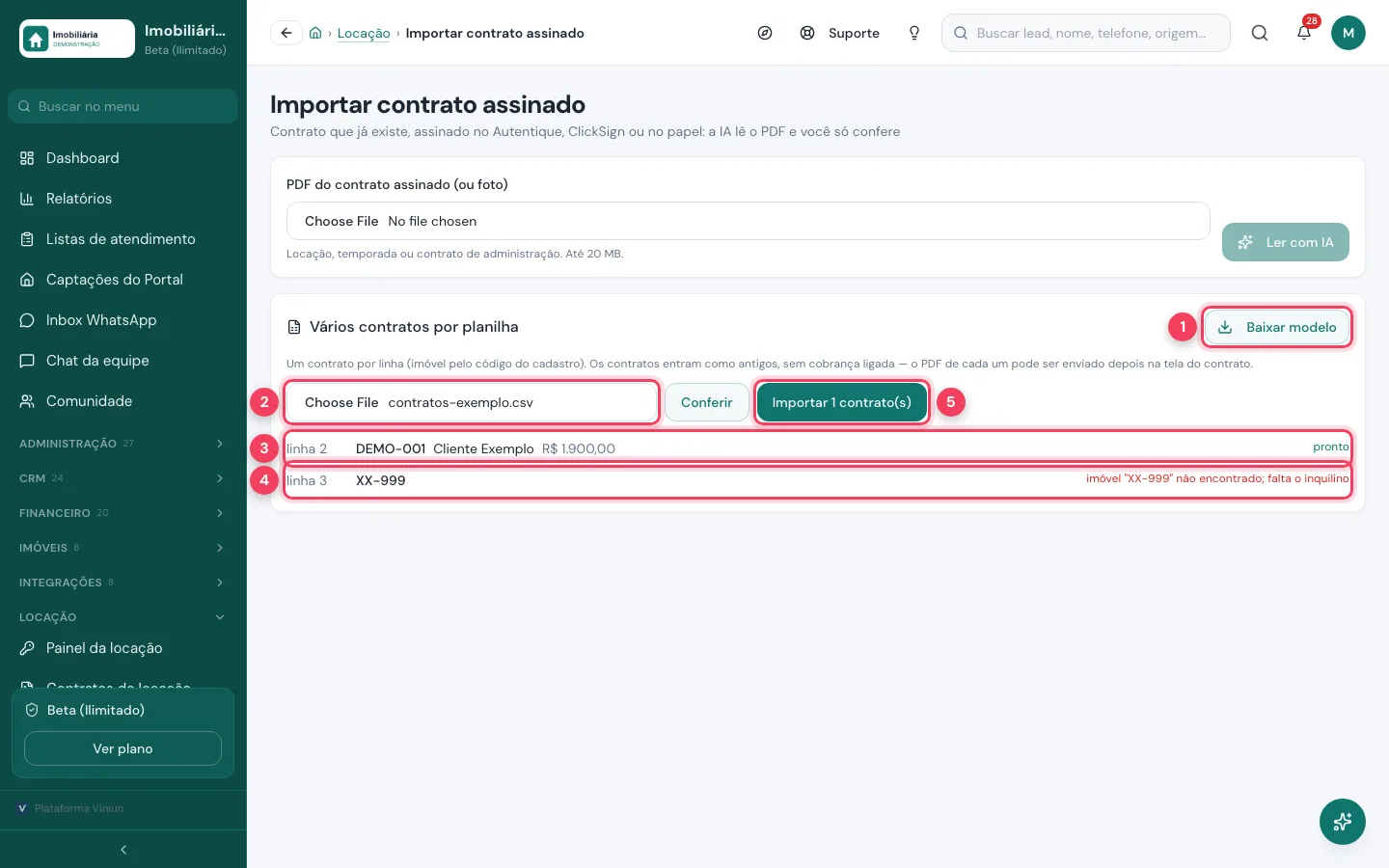 Importação por planilha com uma linha pronta e outra com erro