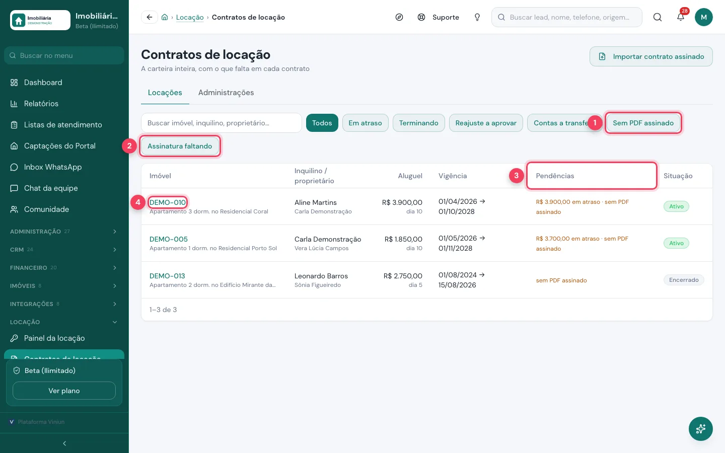 Carteira de contratos de locação com filtros e coluna de pendências