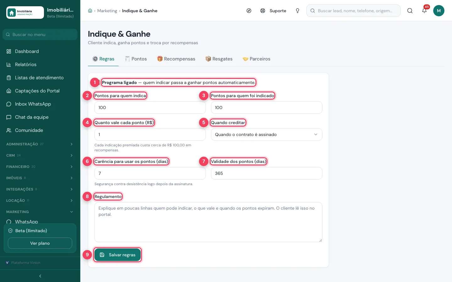 Aba Regras do Indique & Ganhe com pontos, valor do ponto, quando creditar, carência, validade e regulamento