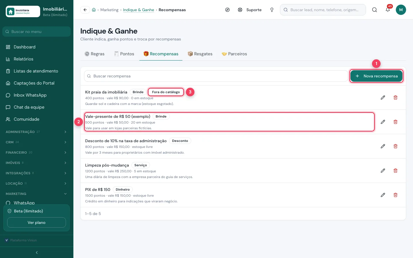 Catálogo de recompensas do Indique & Ganhe com pontos, valor e estoque