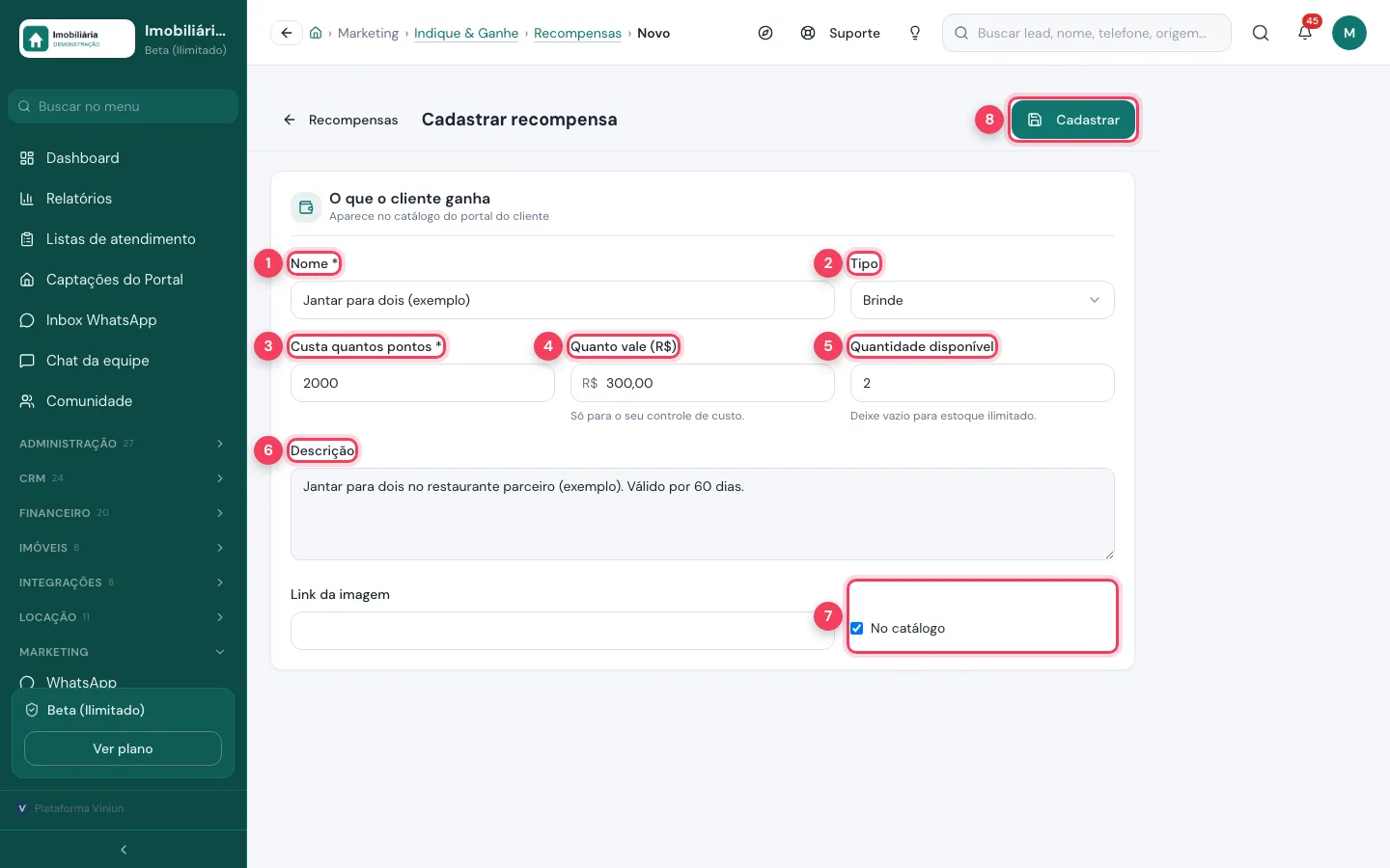 Formulário Cadastrar recompensa com nome, tipo, pontos, valor, quantidade, descrição e No catálogo