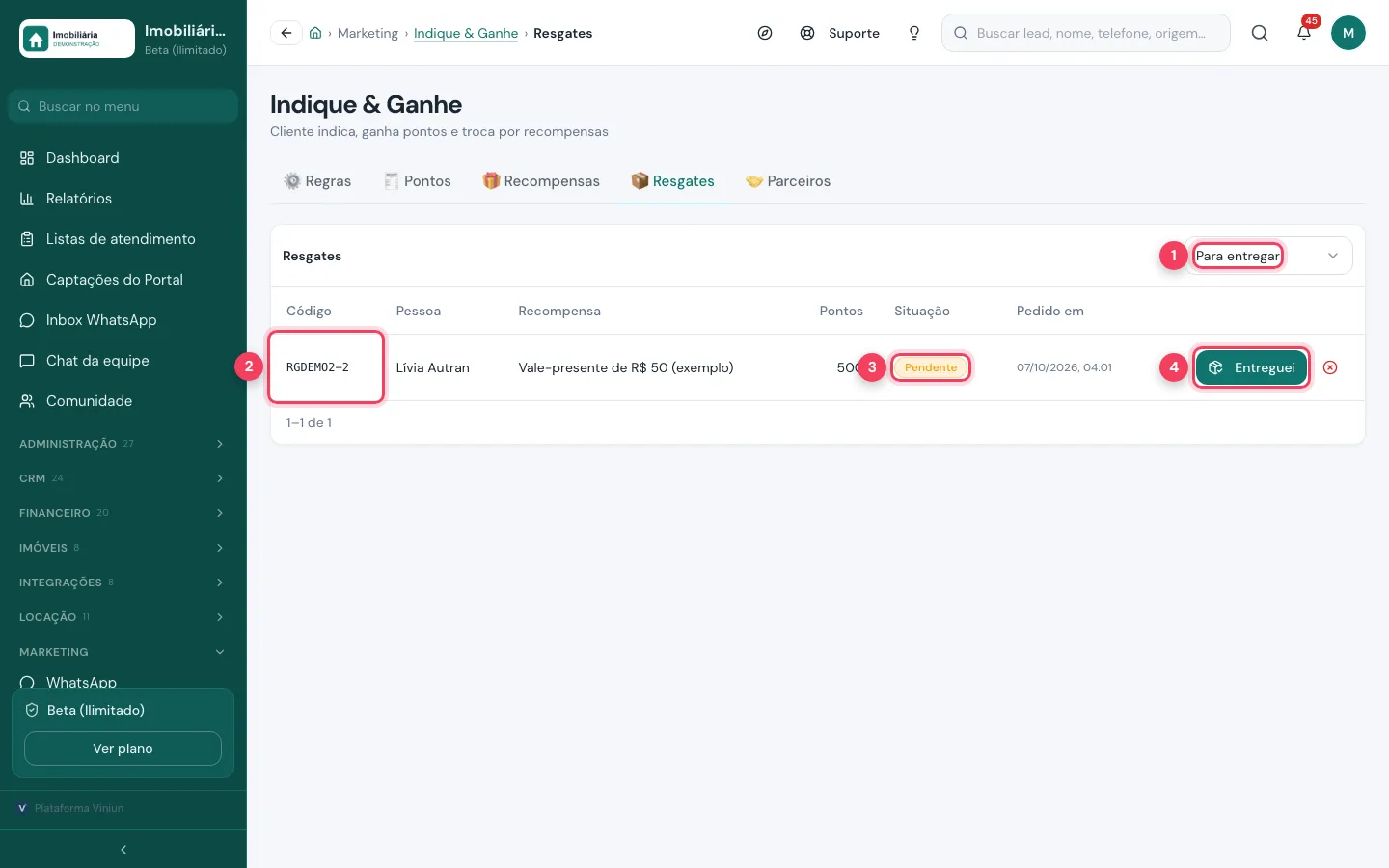 Aba Resgates com código, recompensa, situação Pendente e botão Entreguei