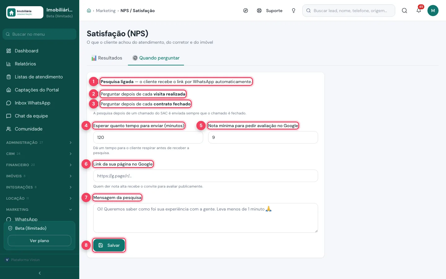 Aba Quando perguntar do NPS com momentos, espera, nota mínima, link do Google e mensagem