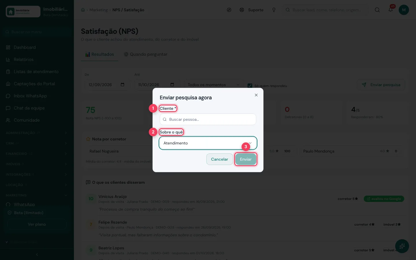 Janela Enviar pesquisa agora com cliente e assunto