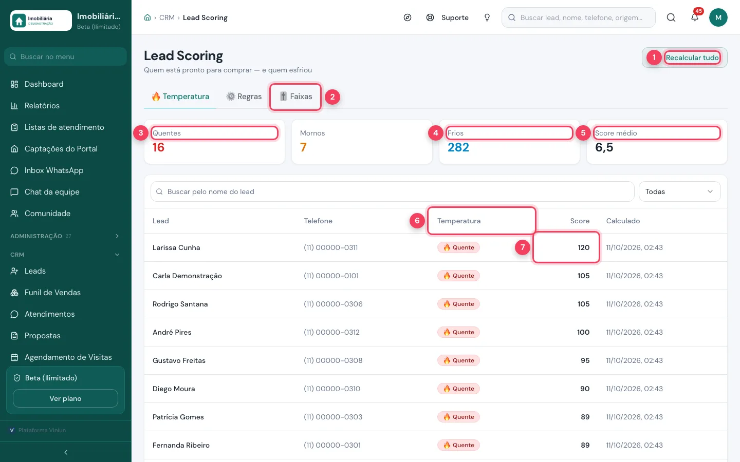 Lead Scoring com Recalcular tudo, abas, contadores de quentes e frios, score médio, temperatura e score marcados