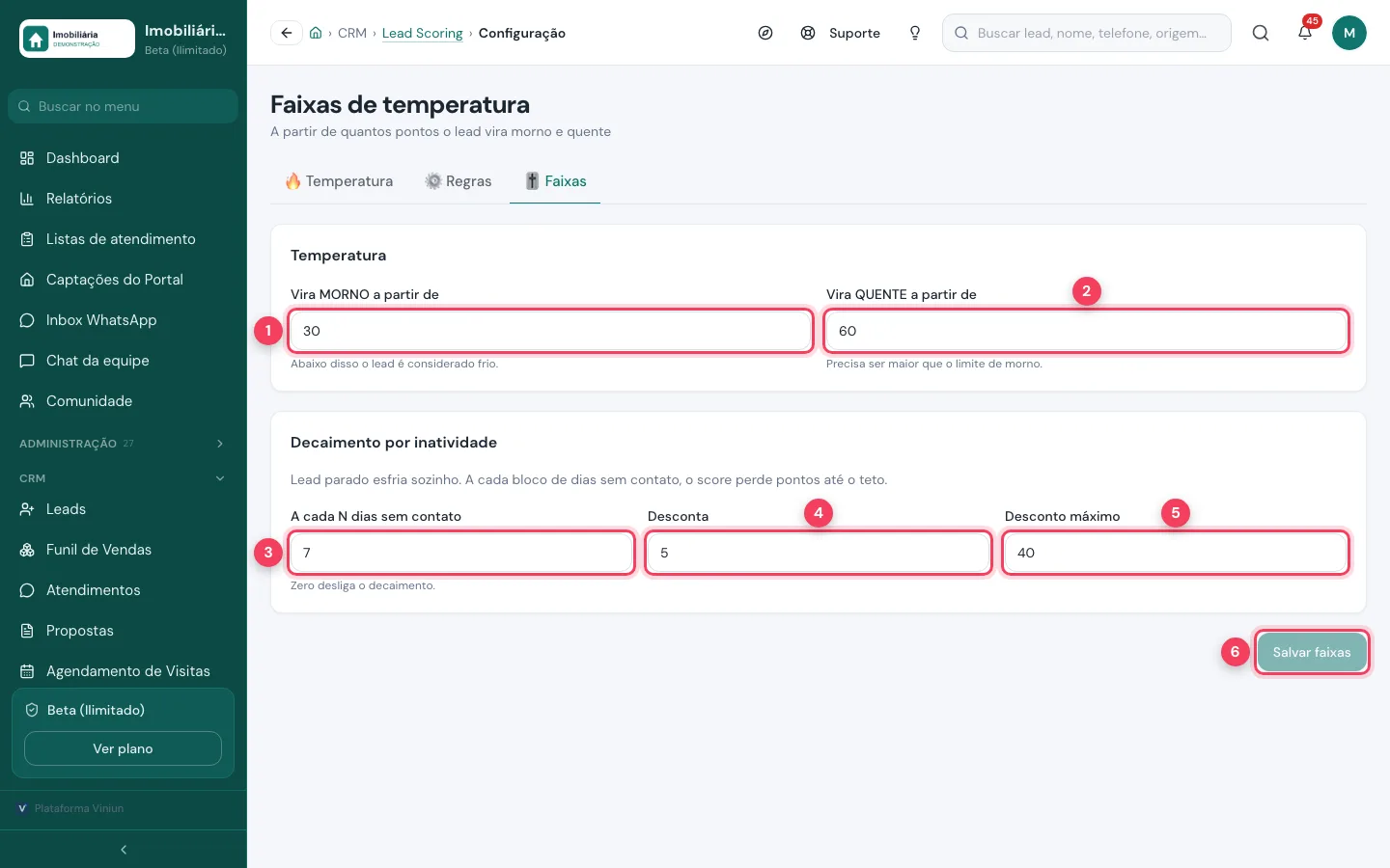 Faixas de temperatura com limites de morno e quente, decaimento por inatividade e Salvar faixas marcados