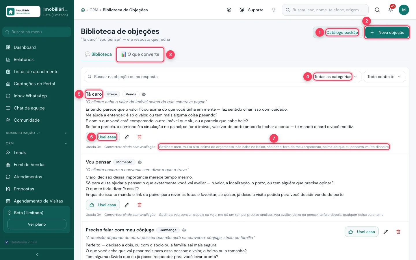 Biblioteca de objeções com Catálogo padrão, Nova objeção, aba O que converte, filtro de categoria, objeção, Usei essa e gatilhos marcados