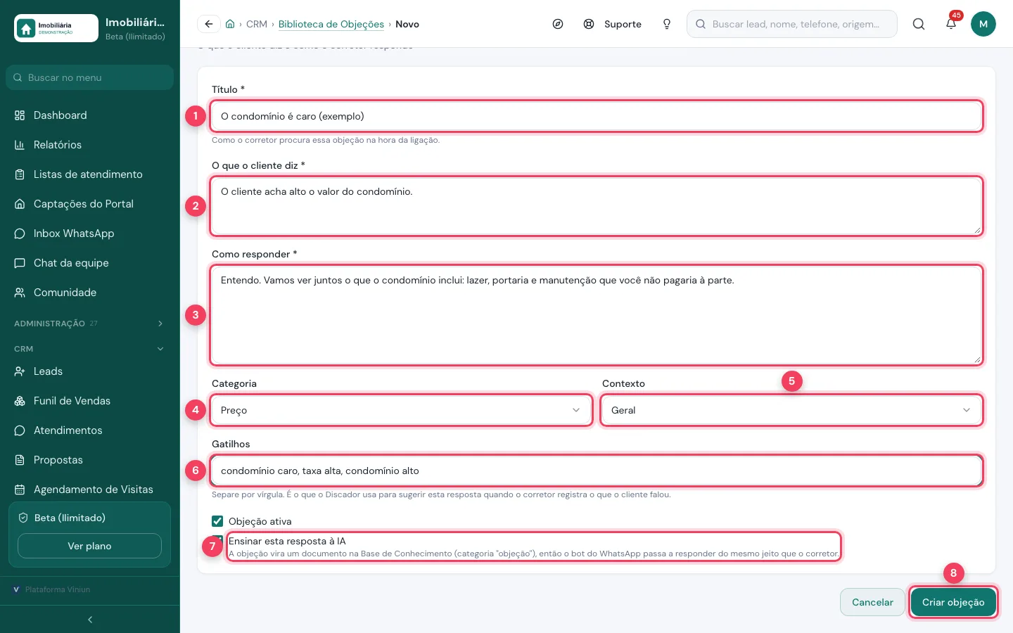 Formulário Nova objeção com título, o que o cliente diz, como responder, categoria, contexto, gatilhos, ensinar à IA e Criar objeção marcados