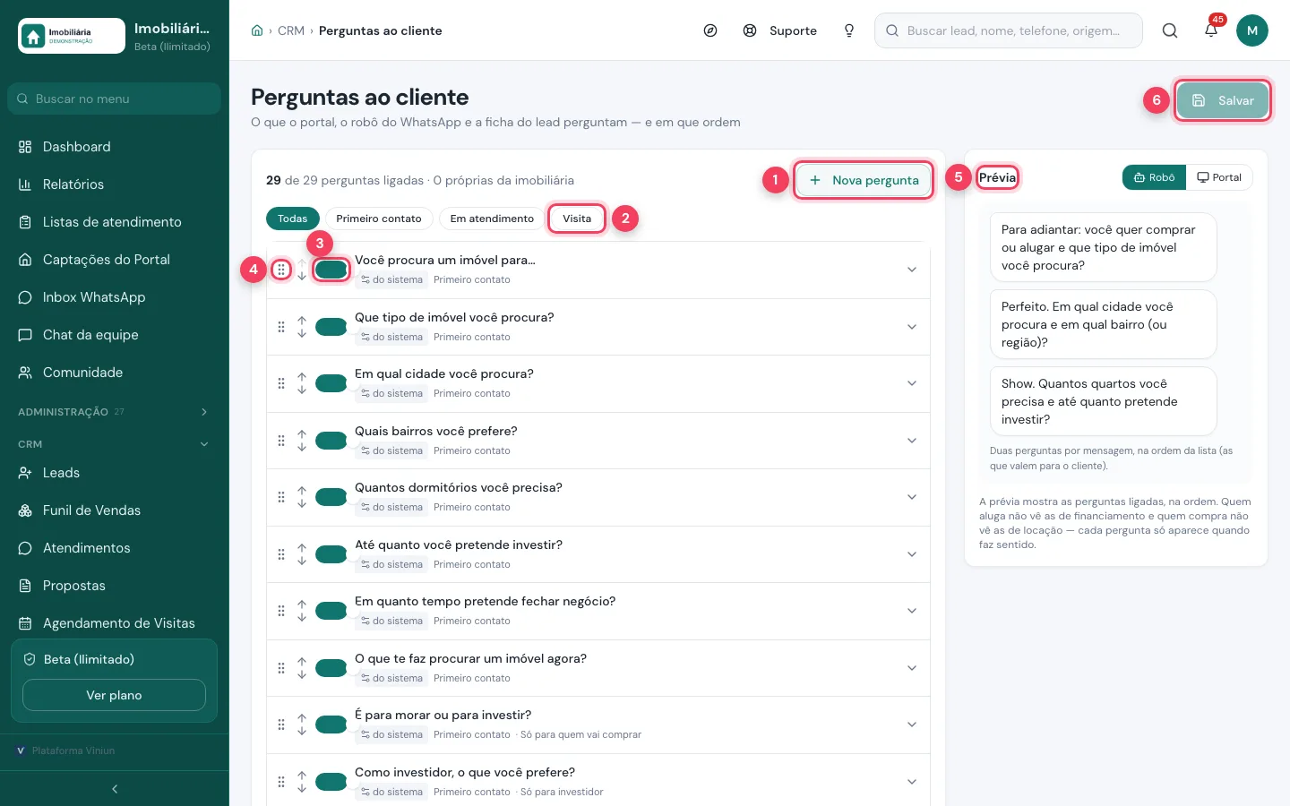 Perguntas ao cliente com Nova pergunta, filtro por etapa, chave liga e desliga, arrastar, prévia e Salvar marcados