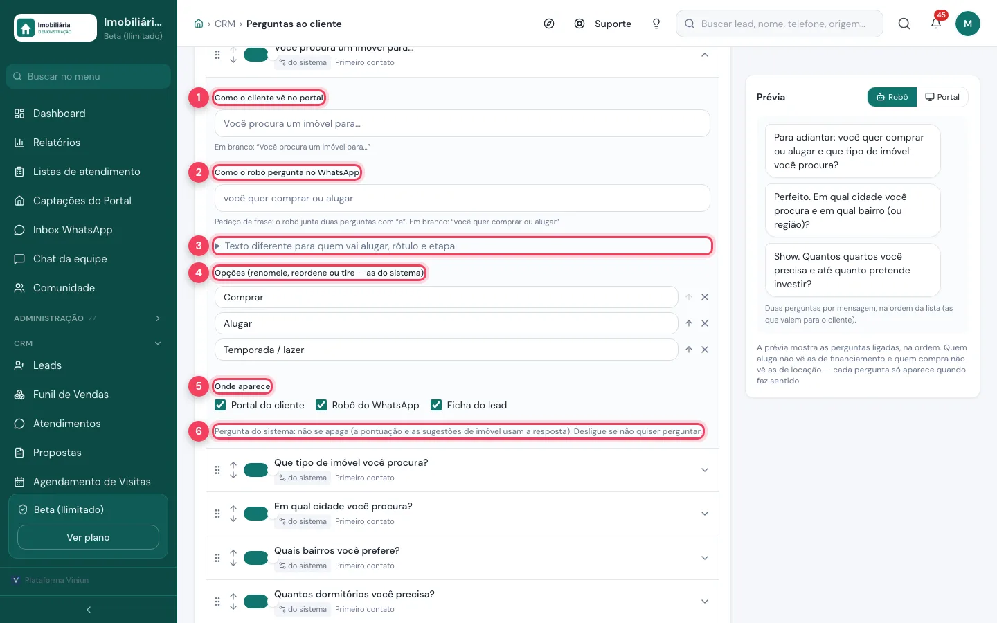 Pergunta aberta com texto do portal, texto do robô, texto para locação, opções, onde aparece e aviso de pergunta do sistema marcados
