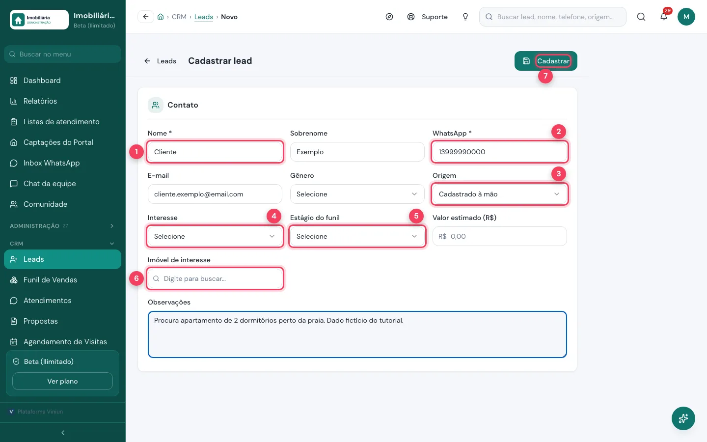 Formulário Cadastrar lead com nome, WhatsApp, origem, interesse e estágio do funil marcados