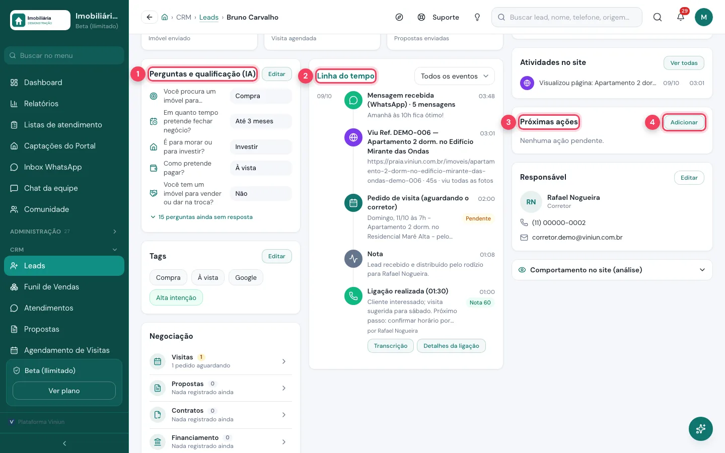 Ficha do lead com perguntas de qualificação, linha do tempo e próximas ações marcadas