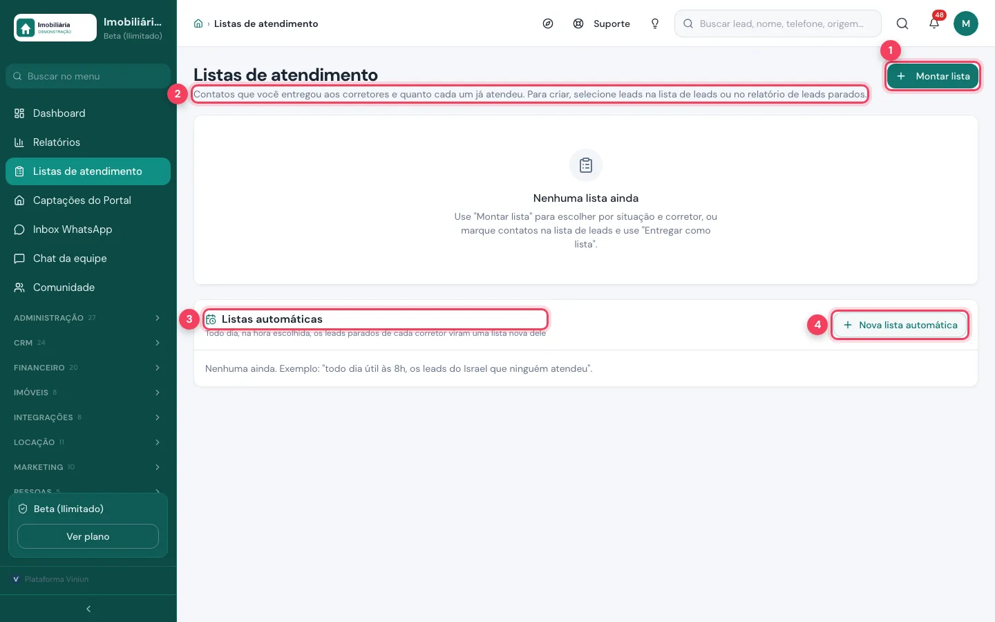 Tela Listas de atendimento com Montar lista, explicação, Listas automáticas e Nova lista automática marcados